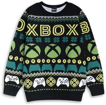 Xbox Boys Black, Green & White Logo Christmas Jumper | Classic Crew Neck Long Sleeve Top | Festive Gaming Wear for Boys | Kids Holiday Apparel Merch