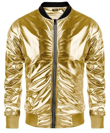 Herren Metallic Pailletten Baseball Bomberjacke mit Reißverschluss | 70er/90er Disco Party Kostüm & Discokugel Look | Für Nachtclub & Karneval