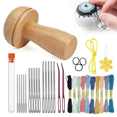 Stopfpilz Holz Set mit 17 Nähnadeln & 10 Farben Stopfgarn, für Pullover DIY | Nähnadeln Set, 2-in-1 Nähen & Deko, Rostfreie Sticknadeln, Mehrgrößen, Einfädler und Gummiband, Buntes Stickgarn, tragbar