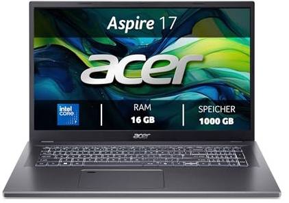 Acer Aspire 17, Laptop, Intel Core 7, 16GB RAM, 1TB SSD | 17 FHD IPS Display, Intel Core 7 150U, 16GB RAM, 512GB SSD, Intel Grafik, Windows 11, QWERTZ Tastatur, A17-51M-70AS