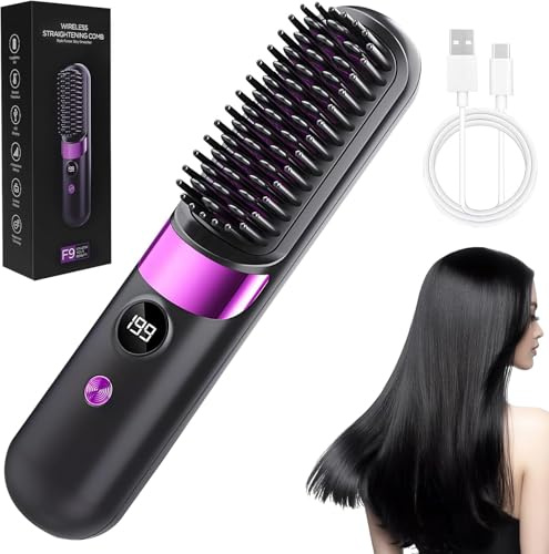 Go Brush Pro for Short Hair, Cordless Hair Straightener Brush,Ceramic Hot Comb, 4 Heat Settings & LED Screen, Rechargeable Heated Straightener Brushes for Short Long Hair Travel Daily