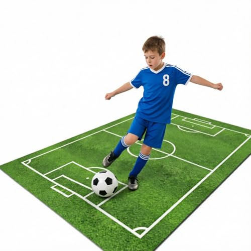 Bcuuozeeing Kinderfußball Spielplatz Teppich, Fußballfeld Teppich, Wohnzimmer Schlafzimmer Fußball Jungen, rutschfeste Sportzimmer Dekor, Babyteppich Kinderzimmer Jungen Mädchen (Grün 1)