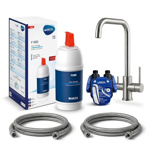 VANTO INOX 3 Wege Wasserhahn Küche Set – Edelstahl 304 Küchenarmatur Hochdruck – Untertisch Wasserfilter Trinkwasserfilter mit BRITA P1000, Filterkopf Schläuchen & Adapter | U-Auslauf