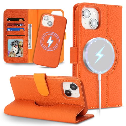 SailorTech Phone Case for iPhone 13 Genuine Leather Case with Card Slots Support Magsafe Charging, Detachable 2 in 1 Wallet Case with Card Holder, Flip Folio Cover Purse for iPhone 13-Orange