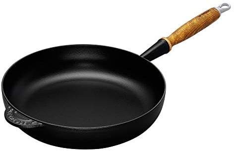 Le Creuset Signature Cast Iron Sauté Pan With Large Frying Area and Cool-Touch Wooden Handle, For All Hob Types, 28 cm, Satin Black, 200592800