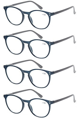 Kerecsen 4 Pack Retro Round Reading Glasses Men Women Spring Hinges Lightweight Quality Readers (0.75, 4 Pack Blue)