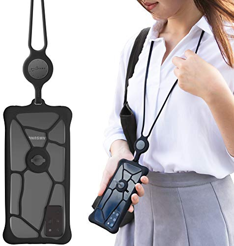 BONE Universale Handyhülle mit Silikon Umhängeband und Abnehmbare Griff, Luftkissen Hülle Handykette Kompatibel mit Smartphone 6,1-7,2 Zoll iPhone Samsung Huawei, Lanyard Bubble Tie 2 - Schwarz