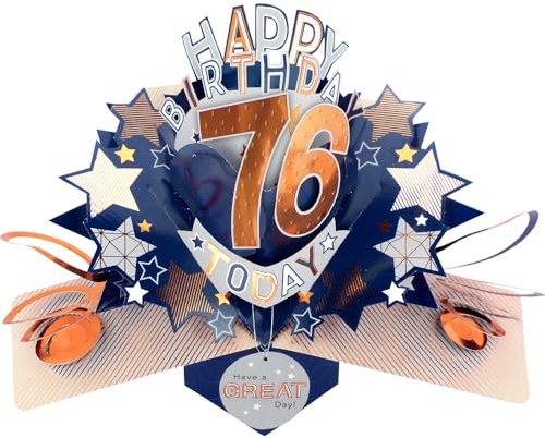 Second Nature Pop Ups 76th Birthday Card Pop Up 3D Happy Birthday Card Age 76 Today 3D For Him By Love Kate's - Foil-Cut, Stars, Keepsake, Envelope, Postable, Dad, Grandad