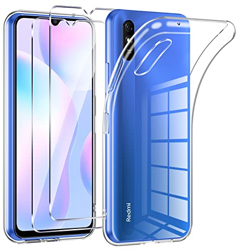 Phoona HandyHülle für Xiaomi Redmi 9A/Redmi 9AT Hülle mit 2 Stück Panzerfolie,Dünne Weiche TPU Silikon Transparent Stoßfest Schutzhülle für Redmi 9A Hülle Klar Kratzfest