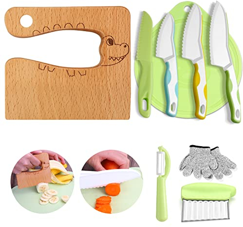 Kindermesser 9-teiliges Kinder-Küchenmesser-Set zum Schneiden und Kochen von Obst oder Gemüse für Kleinkinder, inklusive Montessori Messer, Holzmesser Schneidebrett Schäler Kinderhandschuhe(Krokodil)