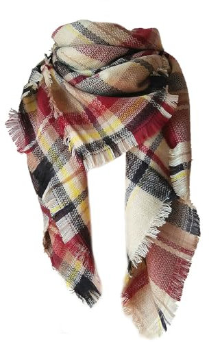 FIFTHAVE Schal Damen Scarf Women Winterschal,Kariert übergroßer Quadratisch Deckenschal Warmer Oversized Fransen Cape Poncho Herbstschal Burgunderrot