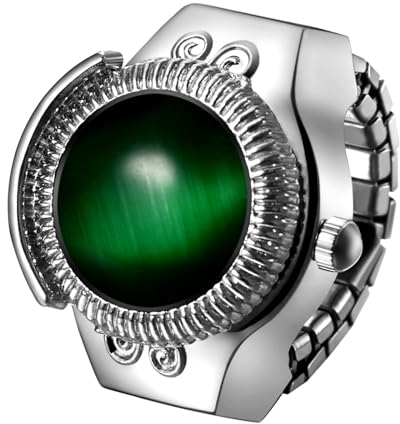 JewelryWe Ringuhr Fingeruhr Damen Elastisch: Dunkelgrün Katzenauge Analog Quarz Fingerringuhr Ring Uhr Uhrenring mit Edelstahl Elastisch Band