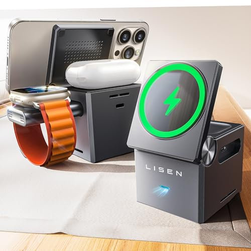 LISEN 3 in 1 Caricatore Wireless Stazione di Ricarica Magnetica, Ricarica Rapida Wireless Phone Charger Stand per iPhone Apple Watch Airpods, Caricatore Magsafe Apple Accessori