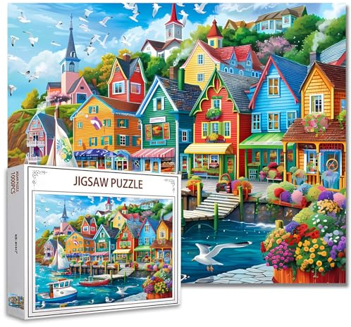 Tucocoo Colorful Seaside Town Jigsaw Puzzles for Adults 1000 Pieces, Coastal House Scenery Art Jigsaw Puzzle 27x20 Inch Colorful DIY Puzzles for Home Decoration, Family Puzzle Perfect for Game Nights