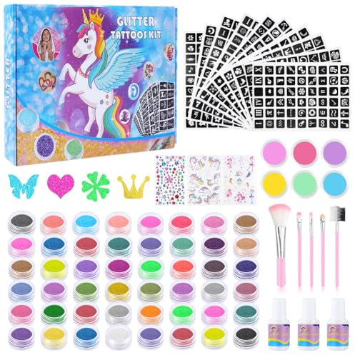 AYBUY Kit de Tatuajes Purpurina Niños, Tatuajes Purpurina Temporales, 54 Colores Brillo(Incluir 12 colores Purpurina Luminous) con 10 Plantillas, 5 Pinceles, para Fiestas,Halloween, Navidad y Carnaval
