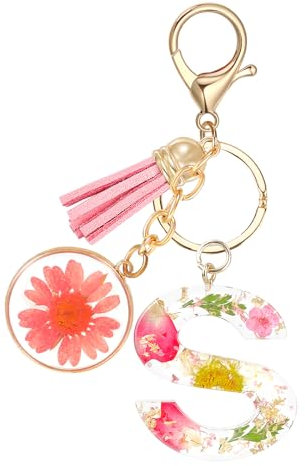 JSRQT Schlüsselanhänger mit Anfangsbuchstaben S,Harz Schlüsselanhänger Buchstabe für Damen Mädchen,Rosa Initiale Alphabet Schlüsselringe,Keychain Aesthetic mit Quaste Anhänger(S)