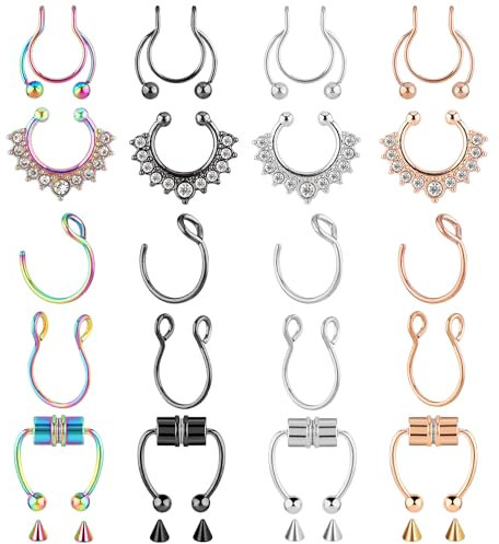 Lusofie Lot de 20 faux anneaux de nez en acier inoxydable pour septum - Faux piercing de nez magnétique pour homme et femme