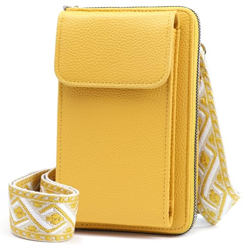 DBPBToU Pochette Téléphone Portable, Sacoche Femme Bandoulière avec Bandoulière Réglable, Sac Téléphone Portable Femme Portefeuille en Cuir PU pour Téléphone 7'' (Jaune)