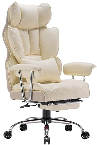 Efomao Desk Office Chair, Big and Tall PU Leather Ergonomic Office Chair, 200KG Adjustable High Back Computer Chair,Executive Swivel Chair with Footrest and Lumbar Support, Beige