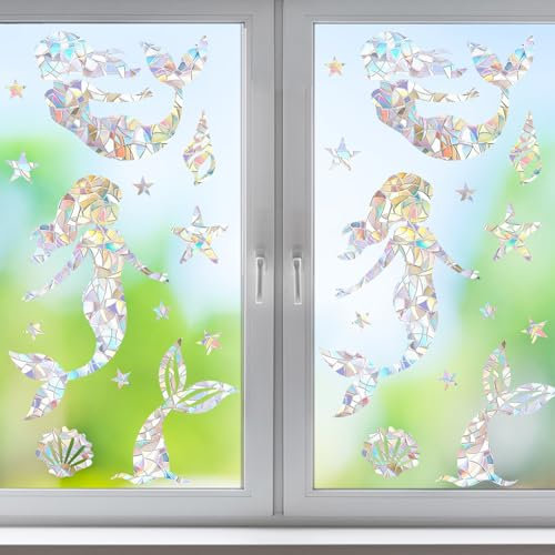 34 Stück Fensterbilder, 3D Sonnenfänger Fenster, Prisma Fensteraufkleber Regenbogen Folie Fenster, PVC Selbstklebende Lichtfänger für Fenster, Deko Vogelschutz für Glasscheiben