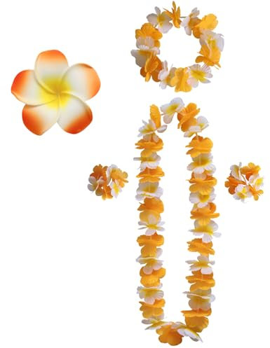 5 Stücke Blumenkette Deko,Leis Blumenketten Hawaii,Bunte Hawaii Kette Blumen,Hawaii Kostüm Damen Zubehör,mit Armband Haarclips,für Karnevals Tropisches Luau Strand Hochzeit Party Deko (Orange+Weiß)