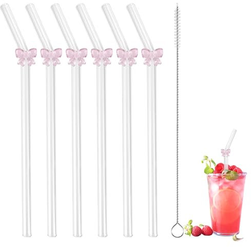 6 PCS Glass Straws Reusable Bent Straws with Design, Coffee Straw with Cleaning Brushes, Glass Straw with Bow Charms for Smoothies Cocktail Juice Coffee Milkshakes
