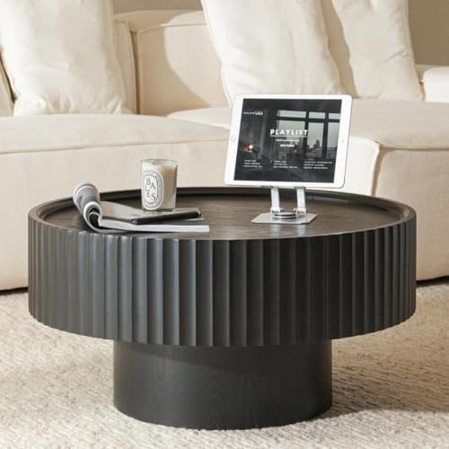 Cagnolier Couchtisch Rund Holz, Coffee Table mit Geriffeltem Design, Wohnzimmertisch Rund in Pilzform mit Den φ70×38 cm, Runder Couchtisch Schwarz aus Kiefernholz für Wohnzimmer, Zimmer und Balkon