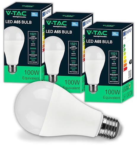 V-TAC 3x LED Glühbirne E27-15W -[ SUPER HELL ] – A65 – (Entsprechen 100W) – LED Lampen der Neuen Generation mit Energieeinsparung – 1521 Lumen – 3-er Pack - Licht Warmweiß 3000K