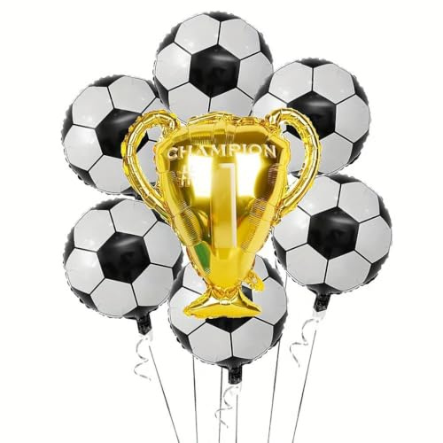 7 Stück Fußball Folienballon Set, Pokal Ballon Champion und bunte Fußball Deko, für Kindergeburtstag und WM-Party