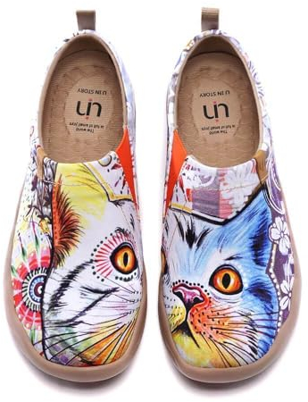 UIN Cheer Up Damen Slip On Schuhe Süße Katze Lässige Wanderschuhe Leicht Loafer Schuhe Bemalter Reiseschuh Canvas Blau(42)
