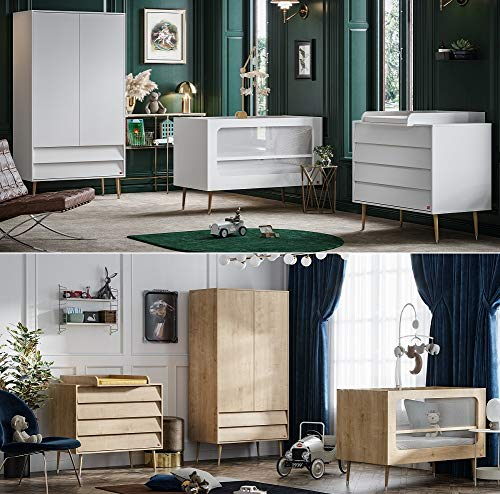 QMM TraumMoebel Babyzimmer Kinderzimmer komplett Set Bonny weiß Bett Schrank Kommode weiß oder Eiche (Eiche)