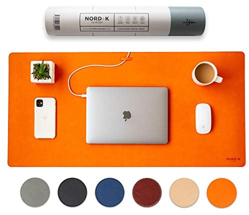 Nordik Leder Schreibtischunterlage Kabel-Organizer (Tangerine Orange 89 x 43 cm) Premium erweitertes Mauspad für Home Office Zubehör – rutschfestes, veganes Schutz & Schreibunterlage