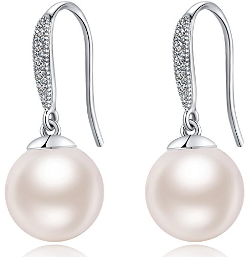 Pearl Earrings Pearl Dangle Earrings Women Drop Pearl Earrings Sterling Silver Leverback Pearl Earrings for Women White Faux Pearl Drop Earrings Cubic Zirconia Pearl Earrings 10mm