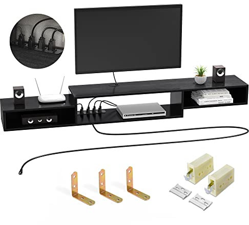 FABATO 71 Floating TV Stand with Power Outlet Wall Mounted Media Console Cabinet Shelf Under TV for Cable Box Audio Video Black
