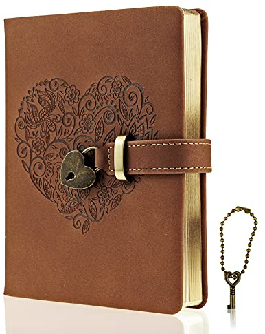 Mazeran Lock Journal, Heart Shaped Locking Leather Floral Embossing Hard Cover Gold Gild Edge Notebook Travel Diary, B6 Lined Lock with Key Personal Planner Organizer Gift for Girls Women Wife