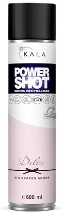 KALA - Geruchsneutralisierer für Räume POWER SHOT, Geruchsentferner für Große Flächen ca. 200 m3, Lufterfrischer mit Aktiver Neutralisator für alle Räume - Duft Delice, 600 ml