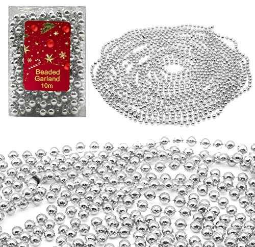 HOVUK® 10M Shiny Bead Garland, Shatterproof Silver Bead Chain, Plastic Pearl Beads Christmas Garland, Traditional Luxury Christmas Tree Decoration