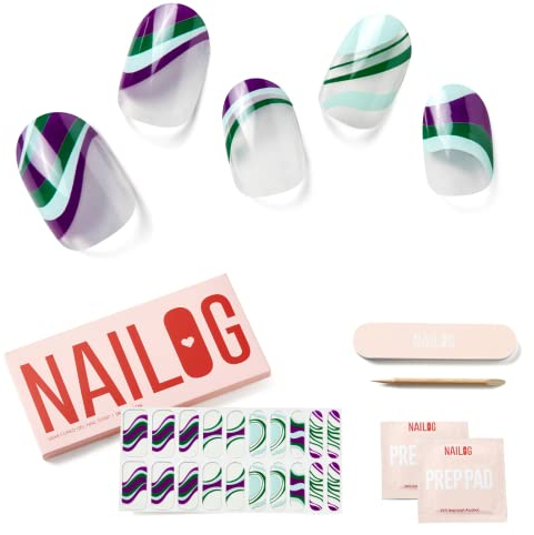 NAILOG Semi Cured Gel Nail Strips, Extra Long Nail Polish Strips (20 Pieces), Long Lasting Semi Cured Nail Stickers with Soft Glossy Gel Finish, Flow