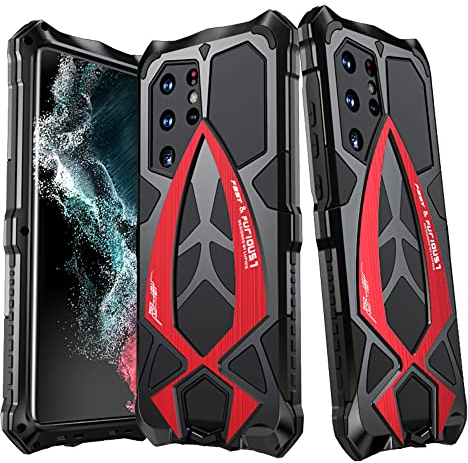 CeeEee Handyhülle für Galaxy S22 Ultra 5G Metall Case Samsung Silikon Stoßfeste Hülle Rugged Unzerbrechliche Outdoor Hybrid Schutzhülle - Rot
