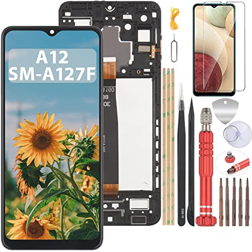 YHX-OU 6.5 Schwarz+Rahmen Display Für Samsung Galaxy A12 A127 SM-A127F SM-A127F/DS LCD Display Touchscreen Ersatz Bildschirm Glas Assembly mit Werkzeug+ 1 Stück Schutzfolie