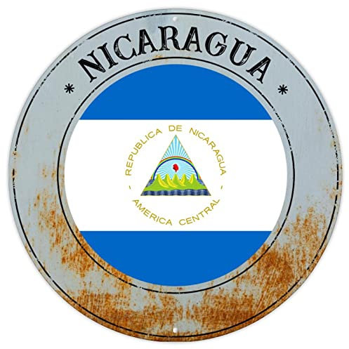 Cartel de bandera nacional de Nicaragua, letrero de metal retro con bandera de Nicaragua, arte de pared, recuerdo del país, colgador de puerta redondo, letrero de metal de calidad para dormitorio,