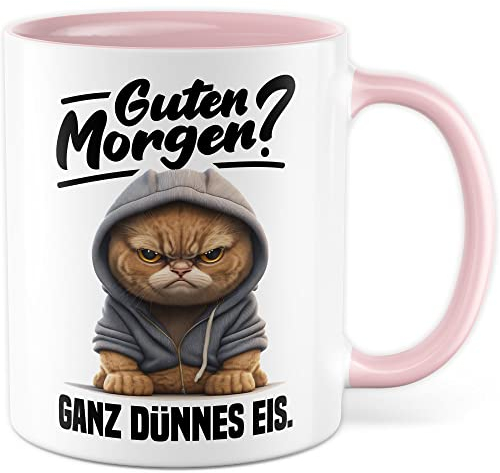 Tasse mit Spruch lustig Katze Morgenmuffel Witz Geschenkidee Kaffeetasse Humor Geschenk für Verschlafen Kaffeebecher Witz Becher (Weiß & Rosa)