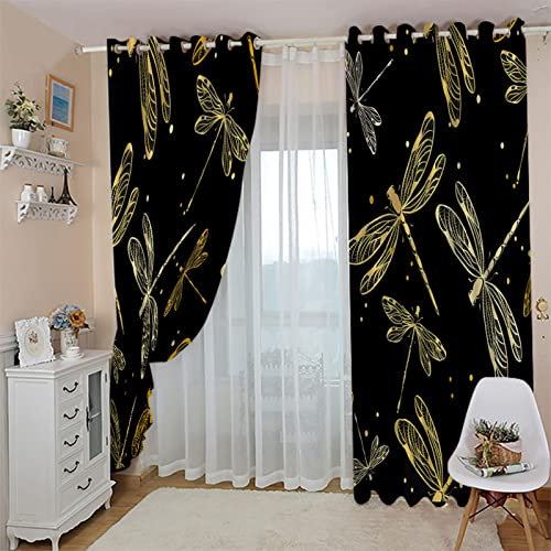 TFLABS Verdunkelungsvorhang Kinder 2 Stück x 110 B x 215cm H Gold & Libellen Blickdichte Gardinen - Lichtundurchlässige Vorhang mit Ösen für Schlafzimmer Geräuschreduzierung