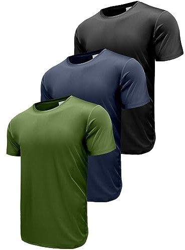 3 Pack Men T Shirts, Breathable Running Shirts Cool Dry Sport Tops, Short Sleeve Gym Tops Athletic Shirts for Men Black/Navy/Green-3P14-M