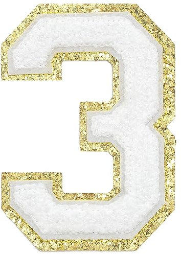 GYGYL 3PCS Chenille Varsity Glitters Numbers Patch, Iron on Large Size Number Patches for Team Costume Decoration, Height 4-1/2In, Number 3