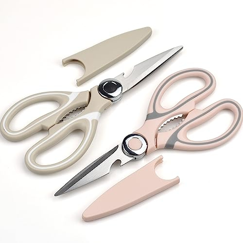 2 Pcs Kitchen Scissors Set, Heavy Duty Utility Food Scissor, Stainless Steel Kitchen Shears with Cover, Sharp Cooking Scissors for Meat Chicken Fish Nut Vegetable Herb, Bottle Opener (Khaki & Pink)
