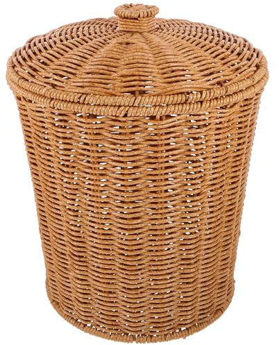 PRETYZOOM Panier À Déchets En Rotin Avec Couvercle Portable En Osier Poubelle Ronde En Plastique Poubelle Tissé Panier De Rangement Vêtements Récipient Pour Salon Chambre Salle De