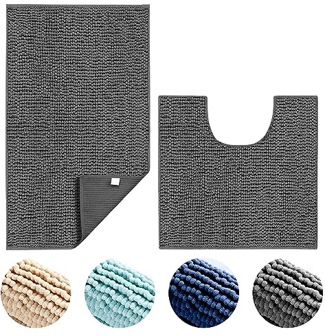 Hodeacc 2Pcs Non Slip Chenille Bath Bathroom Mat Set,High Water Absorbent Density Soft Microfiber Toilet Pedestal Mat Machine Washable Bathroom Mats Carpet 50x50cm/50x80cm (Dark gray)