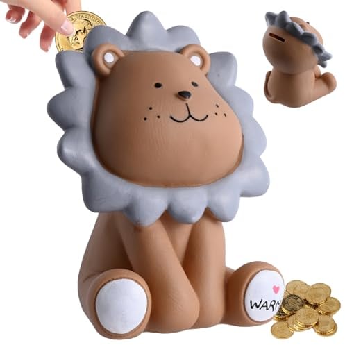 Fosoloni Spardose Kinder, Bruchsichere Sparschwein aus Harz, Braun Löwe Sparschwein, Sparschwein Ornament für Jungen und Mädchen, Wiederverwendbare spardosen(Braun)