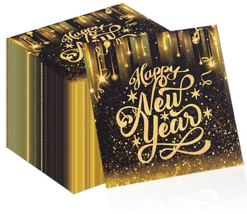 TOPJOWGA Happy New Year Papierservietten 2025, 100 Stücke Neujahr Papierservietten, Schwarz Gold Papierservietten, Silvester Servietten Tischdekoration für Party, Neujahr Party Dekoration, 33x33cm
